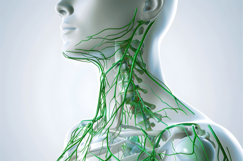 Ilustração do pescoço humano com destaque para o sistema linfático e estruturas anatômicas internas, como vértebras cervicais e vasos linfáticos.
